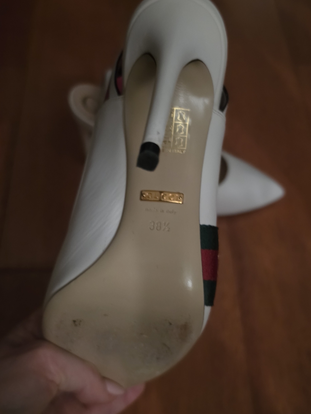 Gucci White Pointed Slingback Pumps with Red and Navy Web - Picture 6 of 7